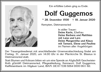 Traueranzeige von Dolf Guggemos von Allgäuer Zeitung,Kempten
