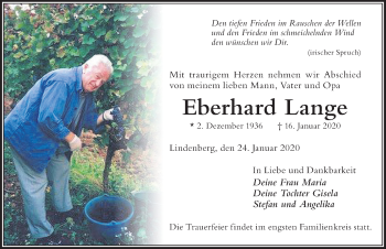 Traueranzeige von Eberhard Lange von Der Westallgäuer
