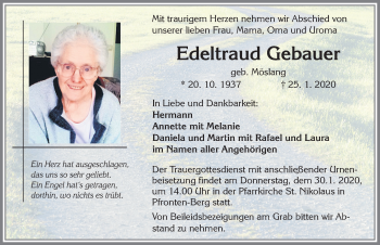 Traueranzeige von Edeltraud Gebauer von Allgäuer Zeitung, Füssen