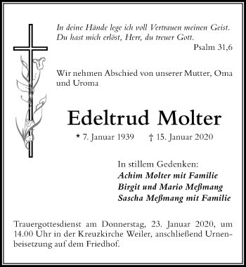 Traueranzeige von Edeltrud Molter von Der Westallgäuer
