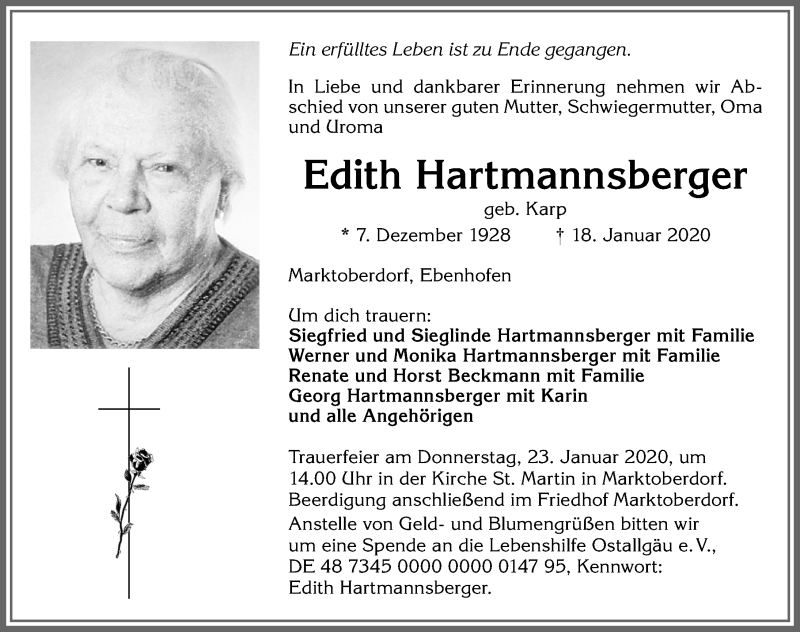  Traueranzeige für Edith Hartmannsberger vom 22.01.2020 aus Allgäuer Zeitung, Marktoberdorf