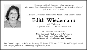 Traueranzeige von Edith Wiedemann von Der Westallgäuer