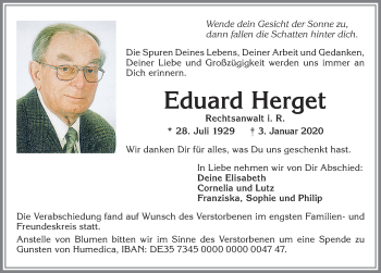 Traueranzeige von Eduard Herget von Allgäuer Zeitung, Kaufbeuren/Buchloe