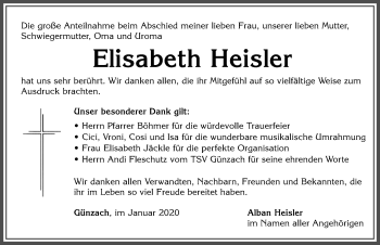 Traueranzeige von Eisabeth Heisler von Allgäuer Zeitung, Marktoberdorf