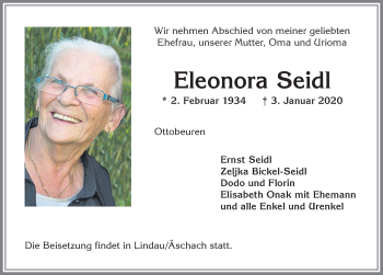 Traueranzeige von Eleonora Seidl von Memminger Zeitung