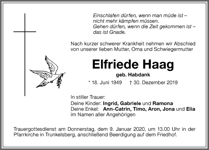  Traueranzeige für Elfriede Haag vom 04.01.2020 aus Memminger Zeitung