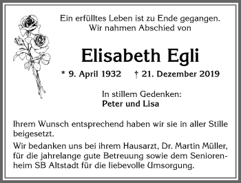 Traueranzeige von Elisabeth Egli von Allgäuer Zeitung,Kempten