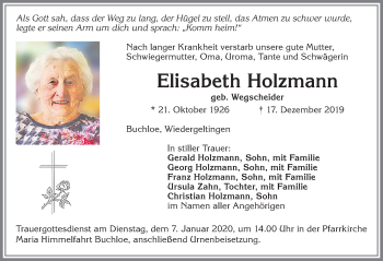 Traueranzeige von Elisabeth Holzmann von Allgäuer Zeitung, Kaufbeuren/Buchloe