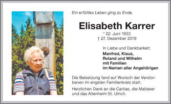 Traueranzeige von Elisabeth Karrer von Memminger Zeitung