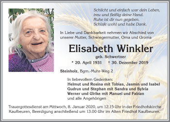 Traueranzeige von Elisabeth Winkler von Allgäuer Zeitung, Kaufbeuren/Buchloe