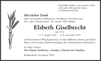 Traueranzeige von Elsbeth Giselbrecht von Der Westallgäuer