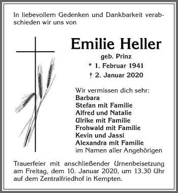 Traueranzeige von Emilie Heller von Allgäuer Zeitung,Kempten