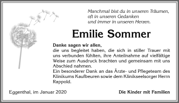 Traueranzeige von Emilie Sommer von Allgäuer Zeitung, Kaufbeuren/Buchloe