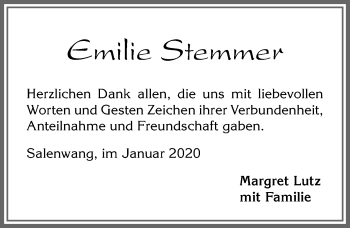 Traueranzeige von Emilie Stemmer von Allgäuer Zeitung
