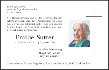 Traueranzeige von Emilie Sutter von Der Westallgäuer