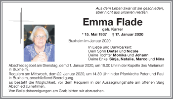 Traueranzeige von Emma Flade von Memminger Zeitung