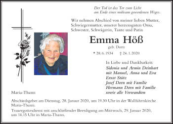 Traueranzeige von Emma Höß von Allgäuer Zeitung