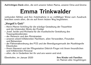Traueranzeige von Emma Trinkwalder von Allgäuer Zeitung, Marktoberdorf