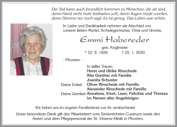 Traueranzeige von Emmi Habereder von Allgäuer Zeitung, Füssen