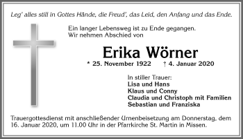 Traueranzeige von Erika Wörner von Allgäuer Anzeigeblatt