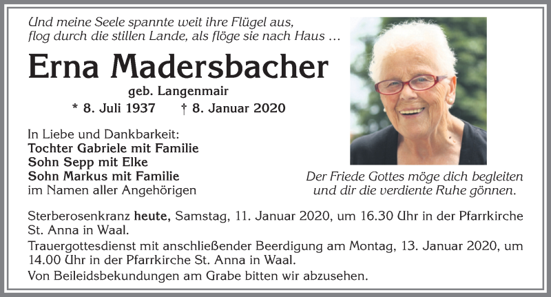  Traueranzeige für Erna Madersbacher vom 11.01.2020 aus Allgäuer Zeitung, Kaufbeuren/Buchloe