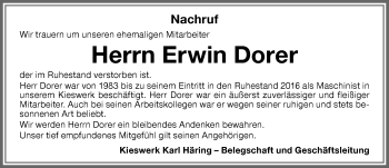 Traueranzeige von Erwin Dorer von Allgäuer Zeitung