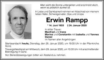 Traueranzeige von Erwin Rampp von Memminger Zeitung