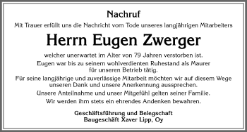 Traueranzeige von Eugen Zwerger von Allgäuer Zeitung,Kempten