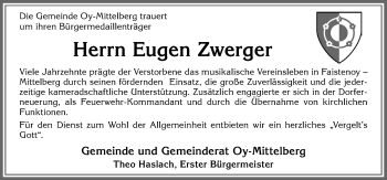 Traueranzeige von Eugen Zwerger von Allgäuer Zeitung,Kempten