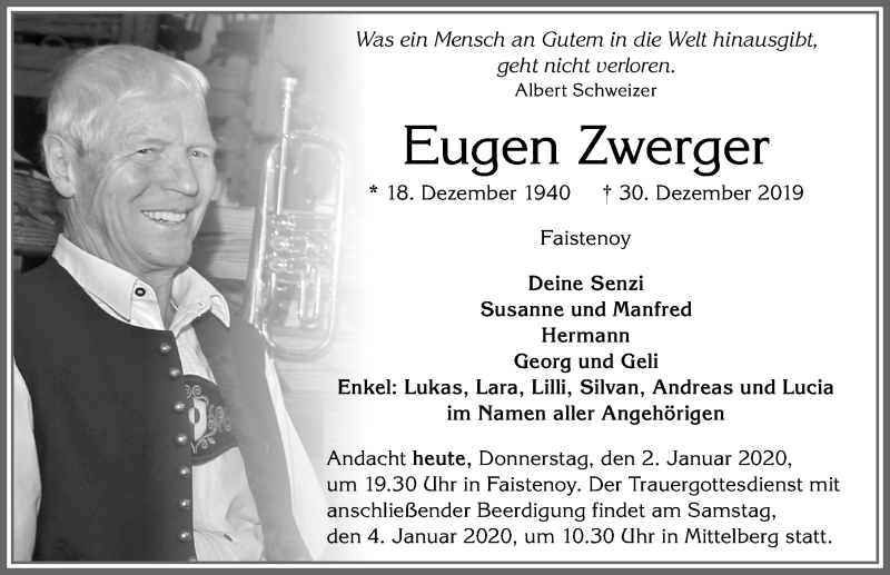  Traueranzeige für Eugen Zwerger vom 02.01.2020 aus Allgäuer Zeitung,Kempten