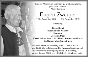 Traueranzeige von Eugen Zwerger von Allgäuer Zeitung,Kempten