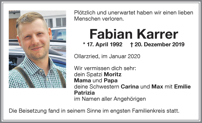  Traueranzeige für Fabian Karrer vom 11.01.2020 aus Memminger Zeitung