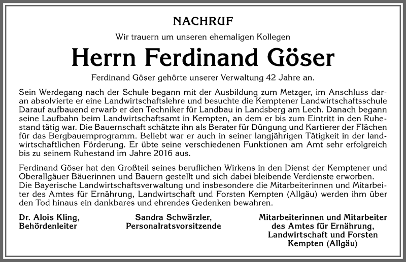  Traueranzeige für Ferdinand Göser vom 18.01.2020 aus Allgäuer Zeitung