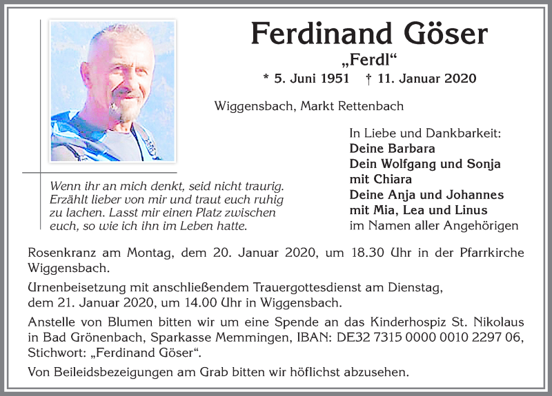  Traueranzeige für Ferdinand Göser vom 18.01.2020 aus Allgäuer Zeitung,Kempten