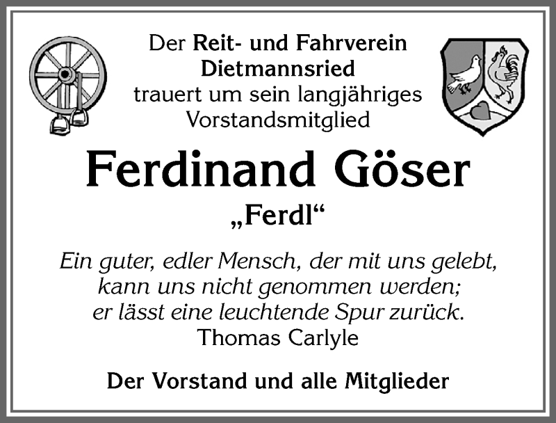  Traueranzeige für Ferdinand Göser vom 21.01.2020 aus Allgäuer Zeitung