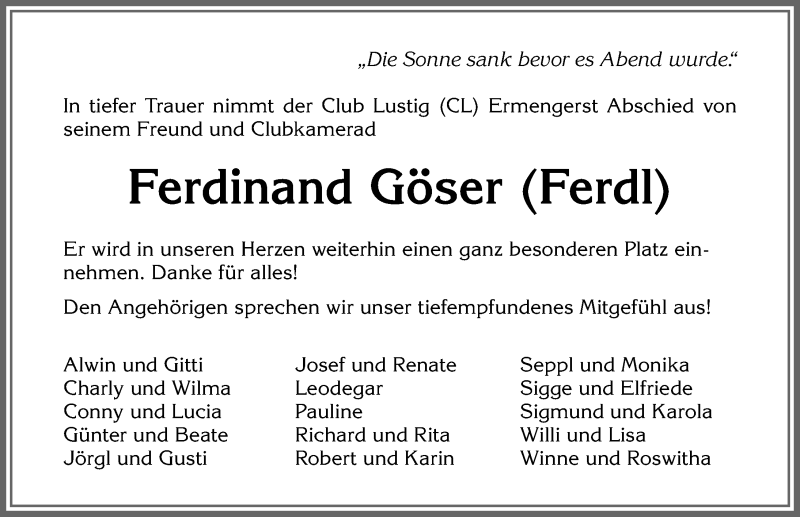  Traueranzeige für Ferdinand Göser vom 20.01.2020 aus Allgäuer Zeitung,Kempten