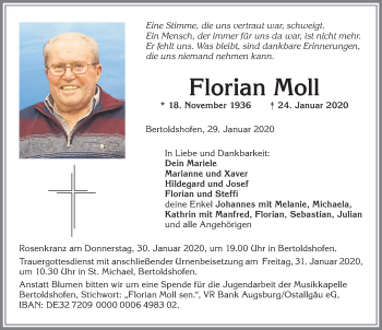 Traueranzeige von Florian Moll von Allgäuer Zeitung, Marktoberdorf