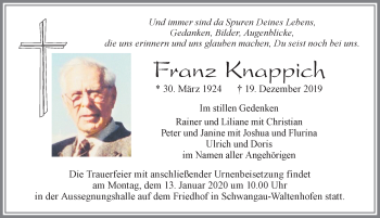 Traueranzeige von Franz Knappich von Allgäuer Zeitung, Füssen