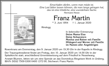 Traueranzeige von Franz Martin von Allgäuer Zeitung, Füssen