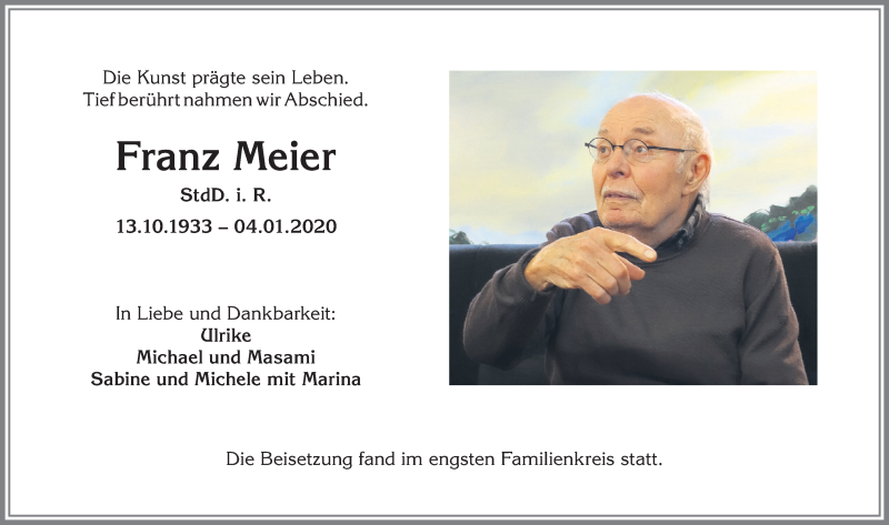  Traueranzeige für Franz Meier vom 15.01.2020 aus Allgäuer Anzeigeblatt