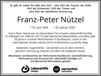 Traueranzeige von Franz-Peter Nützel von Allgäuer Zeitung, Kaufbeuren/Buchloe