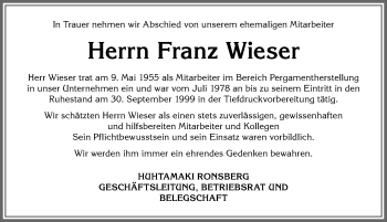 Traueranzeige von Franz Xaver Wieser von Allgäuer Zeitung, Marktoberdorf
