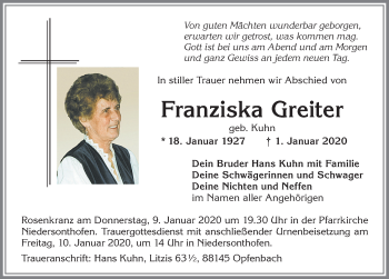 Traueranzeige von Franziska Greiter von Allgäuer Zeitung,Kempten