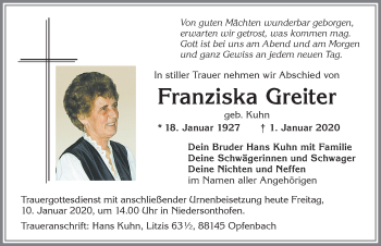 Traueranzeige von Franziska Greiter von Allgäuer Anzeigeblatt