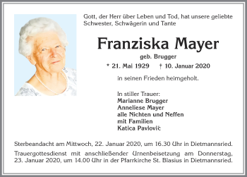 Traueranzeige von Franziska Mayer von Allgäuer Zeitung,Kempten