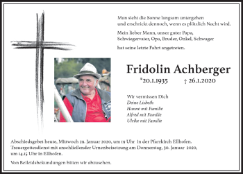 Traueranzeige von Fridolin Achberger von Der Westallgäuer