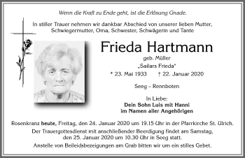 Traueranzeige von Frieda Hartmann von Allgäuer Zeitung