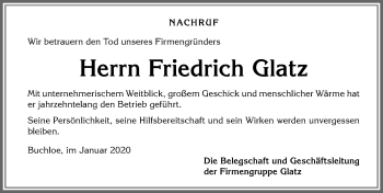 Traueranzeige von Friedrich Glatz von Allgäuer Zeitung, Kaufbeuren/Buchloe