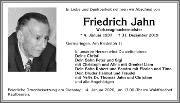 Traueranzeige von Friedrich Jahn von Allgäuer Zeitung, Kaufbeuren/Buchloe