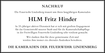 Traueranzeige von Fritz Hinder von Der Westallgäuer